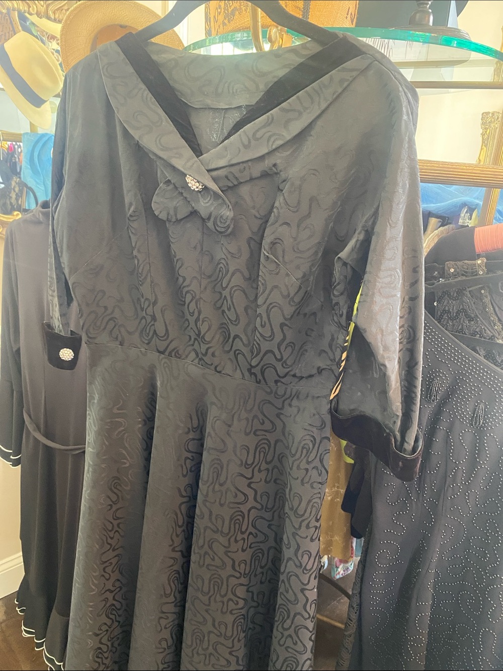 Vintage Black Long-Sleeve Fit & Flare Dress with Jacquard Swirl